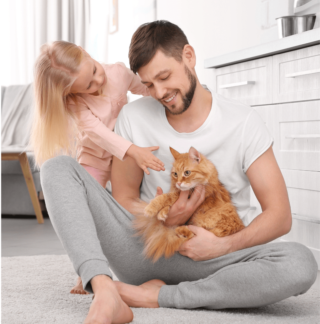 Father and daughter playing with ginger cat at home