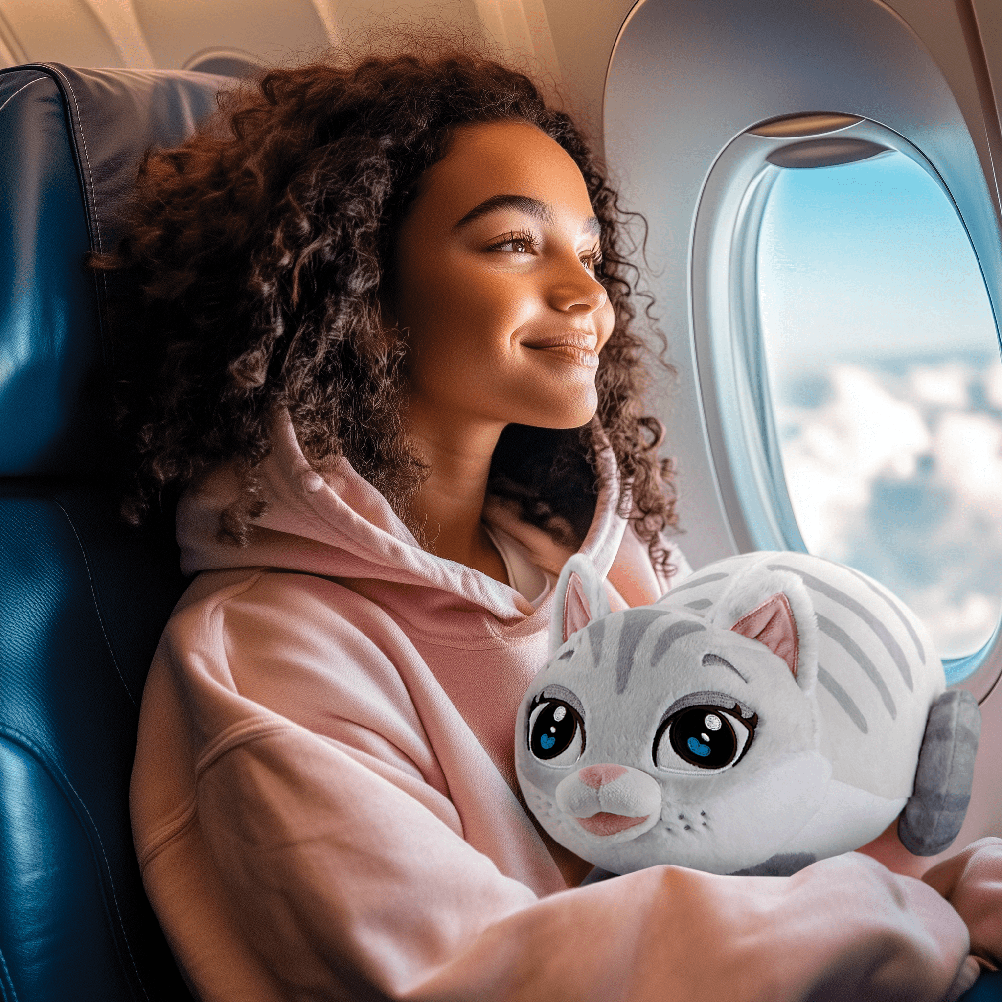 Traveler with purring plush cat stuffed toy
