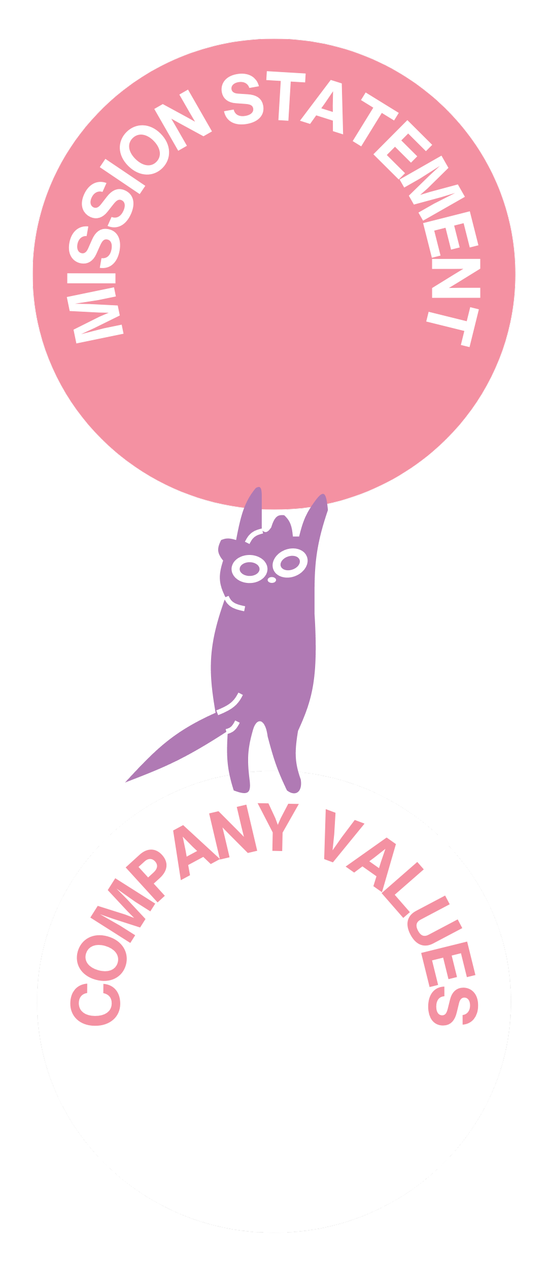 Illustration of mission statement and company values with a purple cat figure